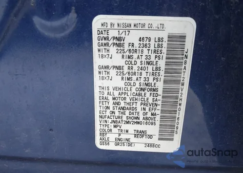 2017 Nissan Rogue Sl from USA, damaged, VIN JN8AT2MV2HW016095